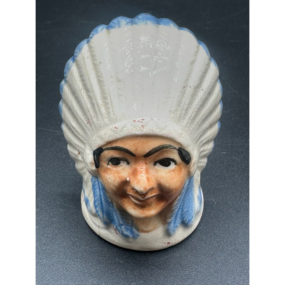 Vintage‎ Hand Painted Ceramic Native American Chief Headdress Shaker Blue White
